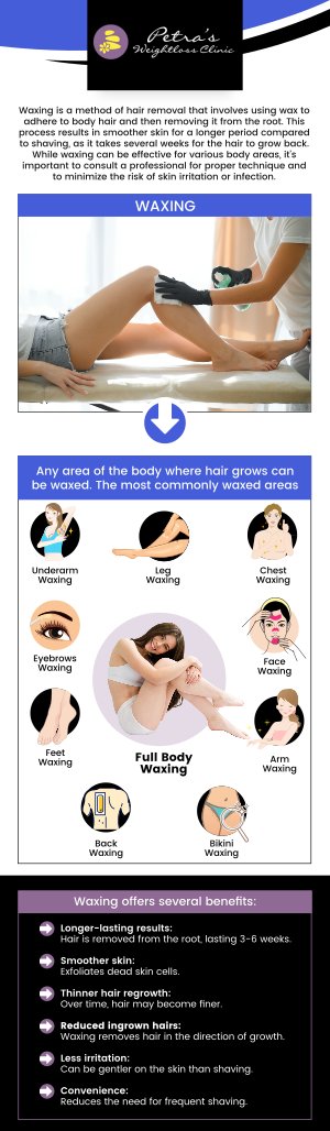 Waxing is a popular hair removal method that provides smooth, long-lasting results by removing hair from the root. Dr. Petra Whisenhunt, T.N.D at Petra’s Weight Loss Clinic offers professional waxing services to ensure safer and more effective results than at-home methods. See below for pricing details. For more information, contact us today at Petra’s Weight Loss Clinic or schedule an appointment online. Our clinic is conveniently located at 7200 N May Ave Suite A Oklahoma City, OK 73116. Waxing is a popular hair removal method that provides smooth, long-lasting results by removing hair from the root. Dr. Petra Whisenhunt, T.N.D at Petra’s Weight Loss Clinic offers professional waxing services to ensure safer and more effective results than at-home methods. See below for pricing details. For more information, contact us today at Petra’s Weight Loss Clinic or schedule an appointment online. Our clinic is conveniently located at 7200 N May Ave Suite A Oklahoma City, OK 73116.